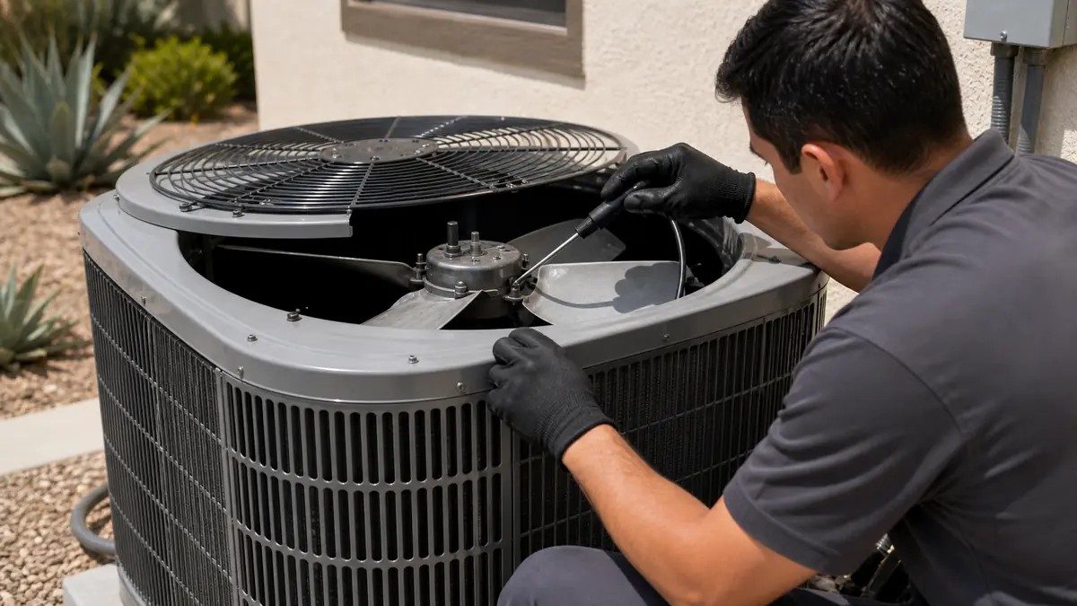 Technician diagnosing a noisy Carrier outdoor unit in Santa Clarita