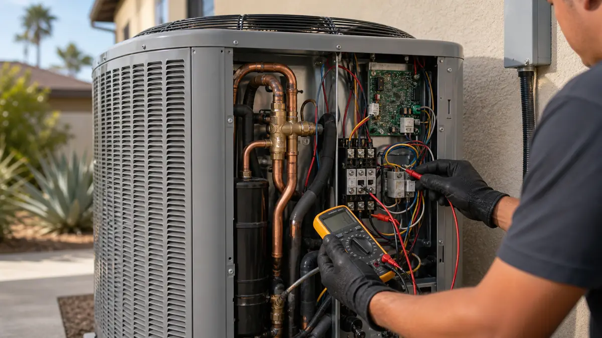 Technician diagnosing a no-cool Carrier 26-series condenser in Santa Clarita